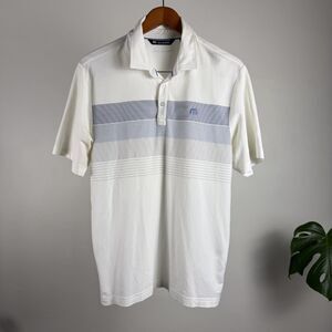 TravisMathew Men’s Polo Shirt Medium White Blue Stripe Performance Golf Top